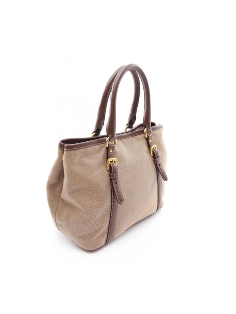 Prada Tote Bag Logo Jacquard 2-Way Beige Brown Canvas Leather Handle